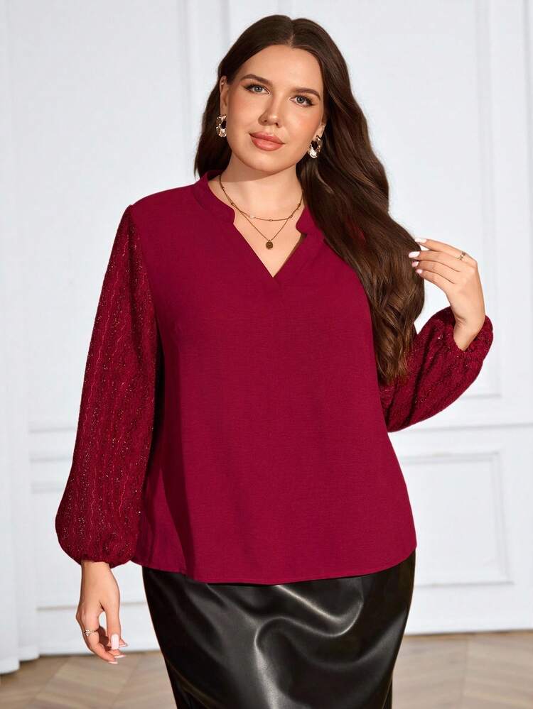 Plus Size Women's V-Neck Lantern Sleeve Elegant Blouse, Christmas Party,  Elegant Tops For Party, Sequin Top, Red Blouse, Autumn/Winter,2025 New