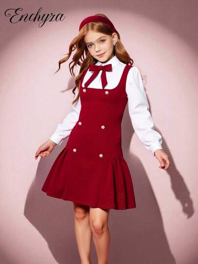 Sparklyn 少女甜美学院风蝴蝶结领金属扣拼色二合一休闲连衣裙