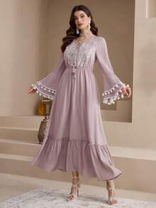 Al Najma New Bohemian Style Embroidered V-Neck Tassel Waist Flared Dress, Slimming - Pink - View 1
