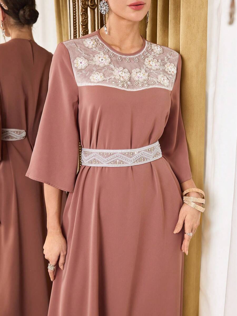 Al Najma Style Elegant 3D Floral Decor Arabic Dress For Women - Brown - View 1