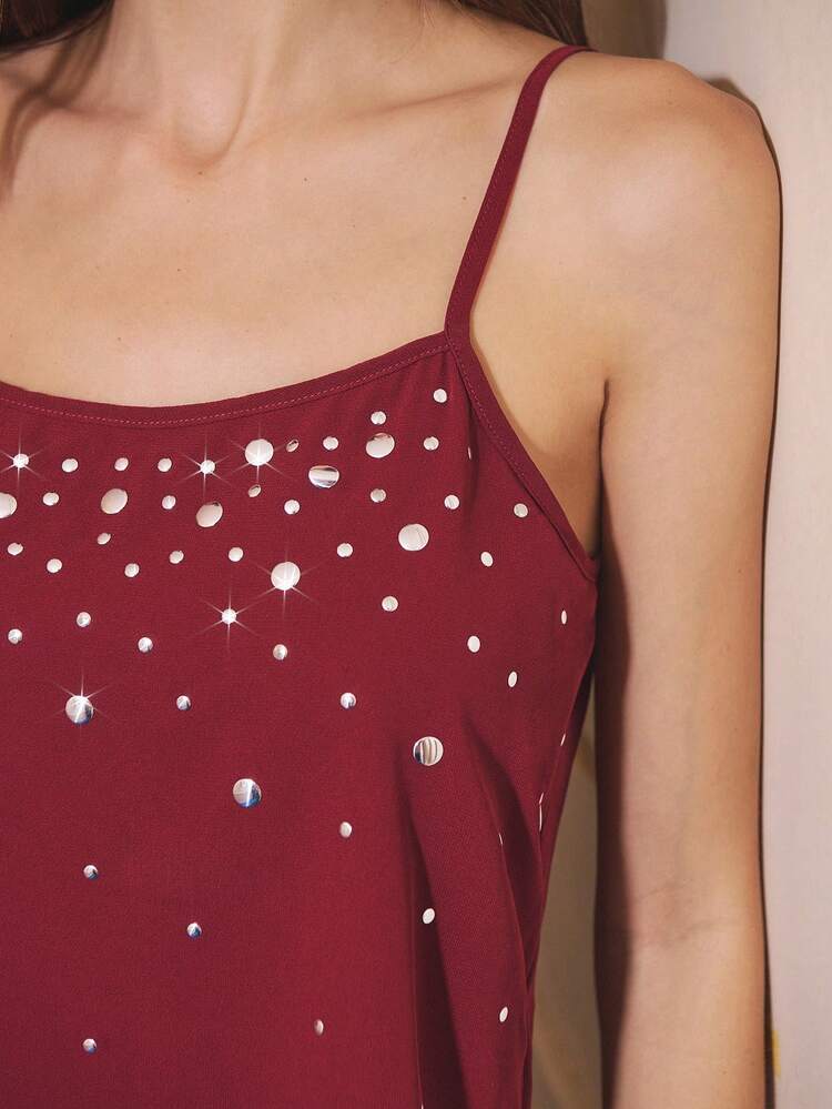 SHEIN Maija Valentine's Day Heroine Burgundy Chiffon Camisole Top For Women, Suitable For Urban Party, Holiday, Fashionable Party Top Maroon Top Studded Top Spring Women