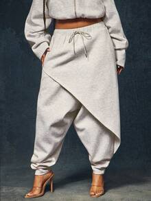 Denimoi Drop Crotch Front Layered Detail Sweatpants Fashion Streetwear Comfortable Sweatpants Casual - Light Grey - View 2