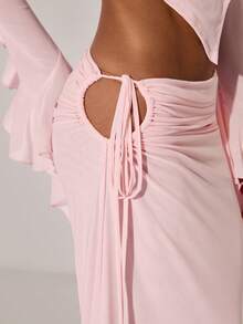 SHEIN BAE 女士休闲度假褶皱腰带系带半身裙，优雅粉色网纱半身裙，飘逸长裙，适合休闲度假、海滩、旅行、派对、聚会等场合。 - 淺粉色 - 查看 6