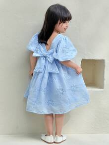 Young Girl's Elegant Pink Bow Decor Dress, Hollow Out Embroidery 3D Effect Dress, Spring/Summer - Blue - View 6