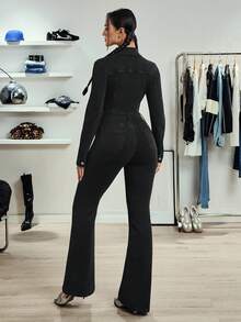 SHEIN Tall Women's Casual Versatile Elastic Flare Leg Denim Bib Overalls And Jumpsuit - Black - View 2