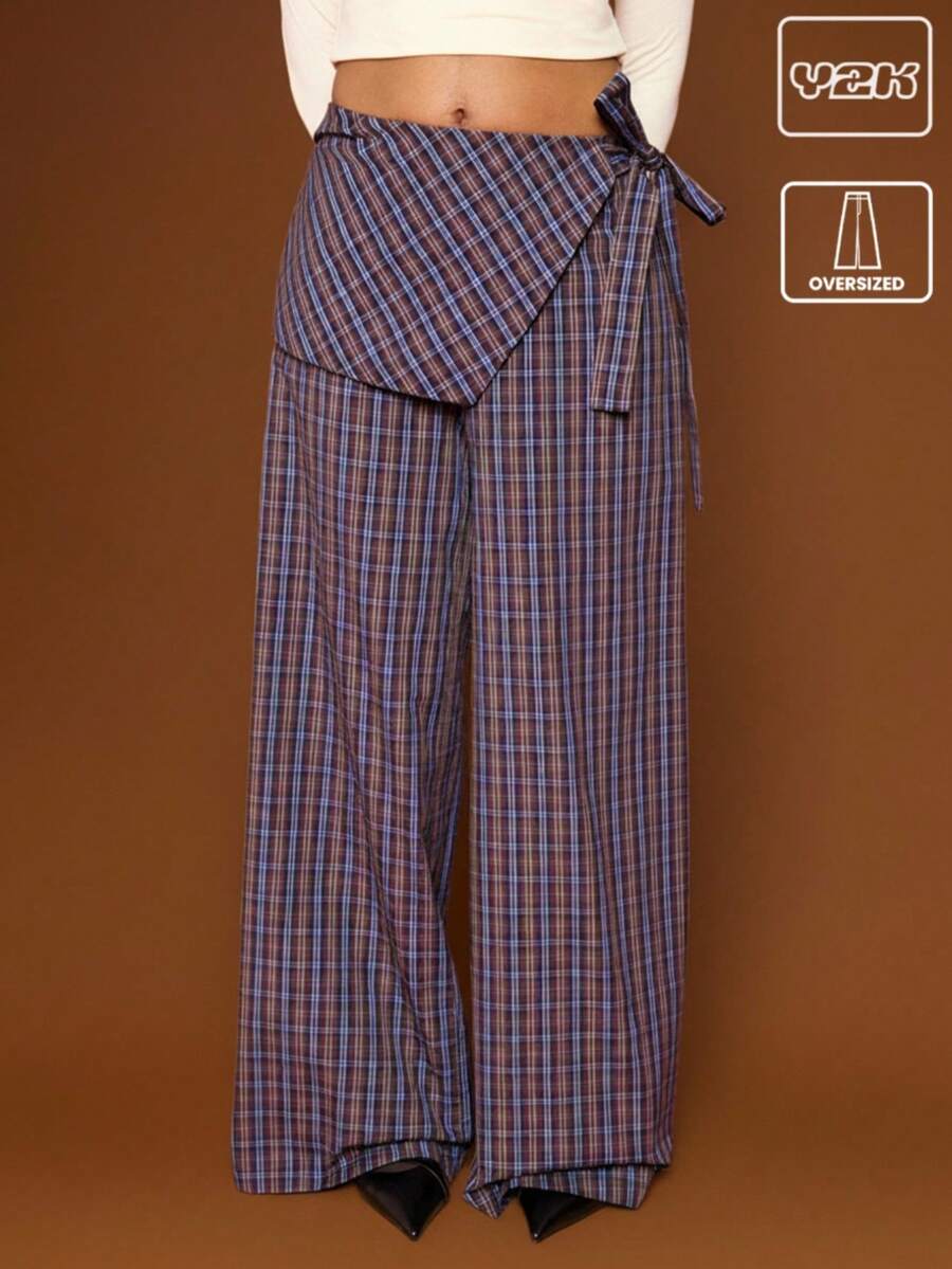 COUREZ Fustă neagră Skouser cu picior larg, pantaloni suprapuși, din material ușor în carouri / Haine de toamnă Y2K, haine de iarnă, streetwear, pantaloni supradimensionați cu legături laterale - cafea maro - Vizualizare 1