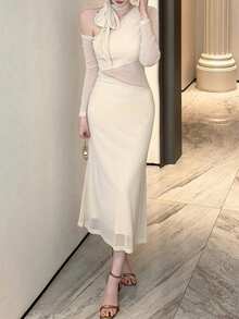 DAZY 女士优雅通勤纯色不对称领中长连衣裙 - 米色 - 查看 8