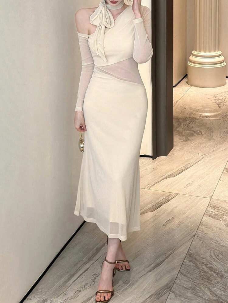 Women's Elegant Commuter Solid Color Asymmetric Collar Mid-Length Dress Sundress