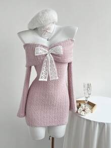 Elamini 白色单肩露背仿马海毛罗纹针织蝴蝶珍珠装饰长袖修身迷你连衣裙，Y2K复古可爱派对鸡尾酒会连衣裙，适合秋冬季、圣诞节、新年等场合。 - 粉色 - 查看 3