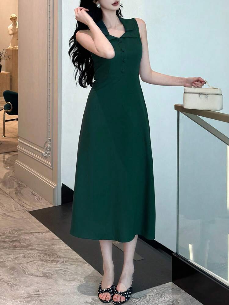 Women's Solid Color Sleeveless Half-Placket Casual Minimalist Long Dress Maxi Dress Sundress
