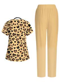 PopScrub Bộ đồng phục y tá nữ cổ chữ V tay ngắn có túi, in hình trái tim và họa tiết da báo, thích hợp cho mùa xuân/hè. - Nhiều màu - Xem 2