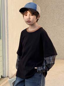 DAZY 青少年男童休闲格子拼接长袖T恤，秋季 - 黑色 - 查看 7