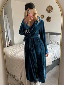 DAZY Women's Long Velvet Lace Trim Robe, Autumn/Winter - Dark Green - View 3