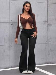 SHEIN Tall Quần jeans ống loe có túi dành cho nữ, kiểu dáng thường ngày. - màu đen - Xem 3