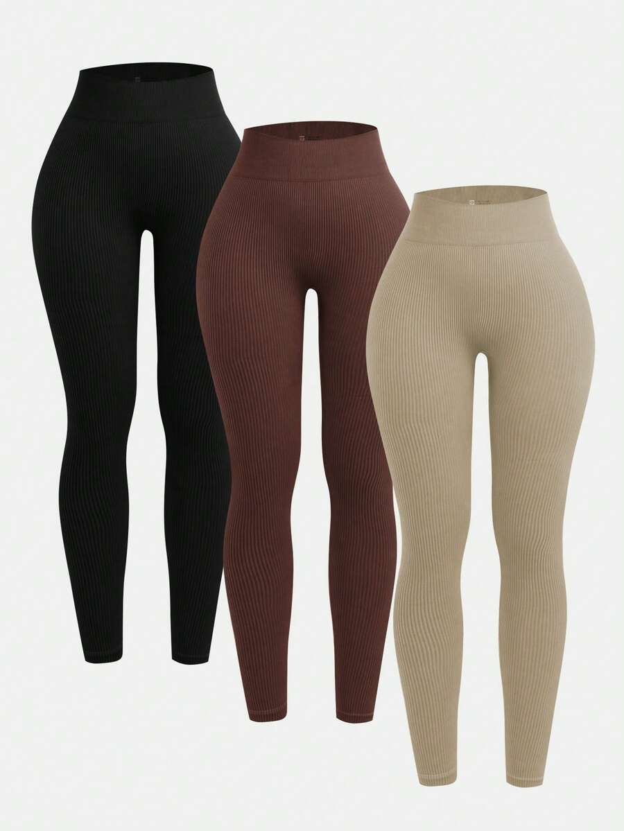 3 Pacotes de Leggings Sem Costura com Nervuras para Meninas Pré-Adolescentes - Calça de Ioga com Controle de Barriga de Cintura Alta Sem Transparência para Exercícios, Corrida, Ciclismo, Ioga, Pickleball e Uso Casual - Multicolorido - Visão 1