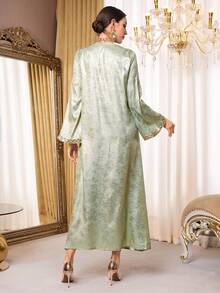 Al Najma Vestido longo turco feminino vintage com decote em V, mangas compridas e modelagem solta, estilo robe tradicional árabe. - Damasco - Ver 3