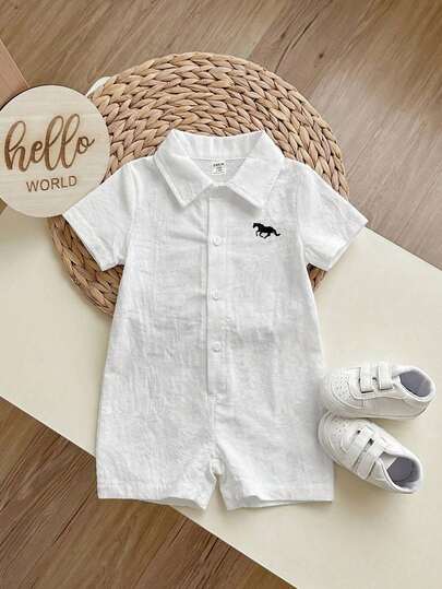 Newborn Baby Boy/Girl Casual Versatile Colorful Striped Lapel Short Sleeve Romper