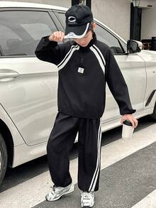 2pcs Tween Boy Casual Sports Set: Raglan Sleeve Stand Collar Zip-Up Jacket With Decorative Tape And Elastic Waist Pants Boys Tracksuit Y2k Clothes Boys Set Boys Two Piece Set Boys Autumn Winter Casual Set Boys Fashion Outfit Track Suit For Boys Boys Jogging Outfits Black Tracksuit With White Stripes