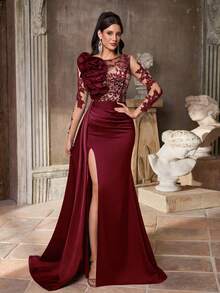 Aureia Elegant Luxurious Sequins Embellished Satin V-Neck Chiffon Extra Long Draped Sleeve Pleated Front Fishtail Formal Shawl, Suitable For All Formal Occasions, Parties, Galas, Weddings, Formal Dinner Dresses - Burgundy - View 4