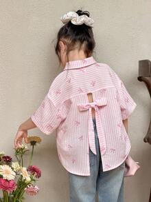 女童休闲舒适条纹领开襟宽松短袖镂空后背梭织衬衫