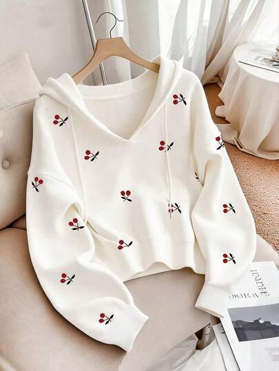 Resyla Sudadera con capucha de manga larga para mujer de talla grande, estilo otoño/invierno, vuelta al colegio, día del maestro, al aire libre, diseño estampado de cerezas, fotografía callejera, uso casual y vacaciones, imprescindible, llamativa, color blanco