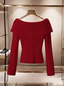 Franclia 女士纯色杏色针织弹力修身罗纹领蝴蝶结纽扣装饰长袖露肩T恤，休闲法式优雅杏色上衣，秋冬季百搭日常穿着 - 紅色 - 查看 2