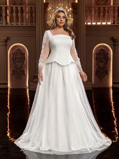 Glamrae Plus Size Elegant Luxurious Romantic White Wedding Dress With Satin & Mesh Patchwork, Asymmetric Collar, Floral Applique, Long Sleeve, A-Line Hem, Bridal Gown For Wedding Ceremony