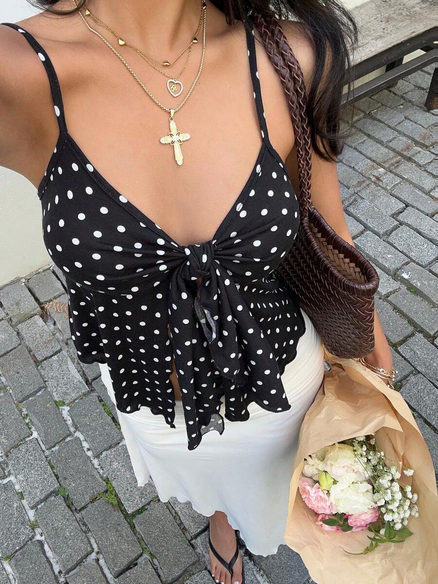 Sunnyshic 黑色波点印花V领前系带开衩吊带背心，优雅浪漫复古休闲通勤购物约会日常简约百搭，春夏款 - 黑色 - 查看 1