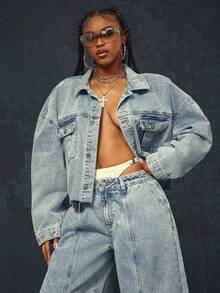 Denimoi Raw Hem Cropped Denim Jacket Fashionable Denim On Denim - Light Wash - View 1