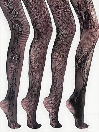 Grunge Punk 4 Pairs Of Random Y2K Style Fishing Net Socks, Spice Girl Style Leopard Print Flower Print Rose Spider Web Element Pantyhose, Elastic Meat-Through And Thin Leggings, Suitable For Daily Party And Dance Wear