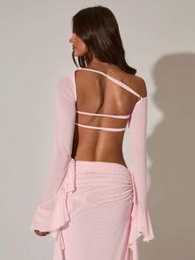 SHEIN BAE Women's Sexy Ruched Mesh Backless Ruffle Sleeve Blouse, Vacation Mesh Top, Suitable For Beach, Holiday Wear, Pink Mesh Backless Blouse - Baby Pink - View 2