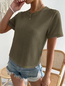 SHEIN Essnce 女士休闲日常通勤简约纯色华夫格短袖T恤，夏季 - 軍綠色 - 查看 4
