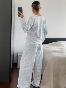 DAZY Sweet Bow Decor Floral Lace Trim Women Pajama Set - Grey - View 2