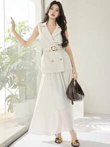 Heiryn Women's Elegant Double-Breasted Vest & Skirt Suit Set - Blue - View 6