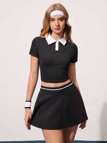 CourtClass Women's Colorblock Polo Collar Casual Sporty Tennis Top, Spring/Summer