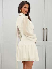 Aloruh Vestido mini de manga larga, elegante y minimalista en color púrpura, adecuado para ir al trabajo - Albaricoque - Ver 2