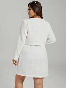Comfylo Plus Size Elegant Tweed Jacket With Gold Buttons And Dress 2 Pieces Set - White - View 2