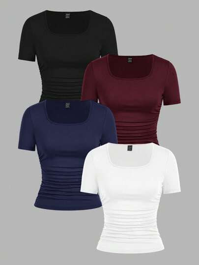 SHEIN EZwear 4件套休闲简约纯色舒适圆领短袖T恤，适合春夏嘉年华等场合穿着，修身款。