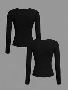 Tseoso Bộ 2 áo thun dài tay cổ tròn, dáng ôm, màu đen, chất liệu 95% cotton, thích hợp cho nữ, phù hợp cho mùa thu/đông. - màu đen - Xem 2