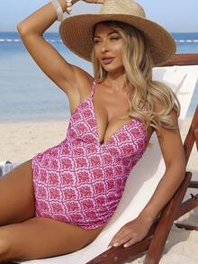 SHEIN 孕妇碎花印花连体泳衣，夏季海滩度假