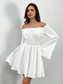 SHEIN Tall 女士纯色简约露肩迷你连衣裙，休闲日常穿着 - 白色 - 查看 5