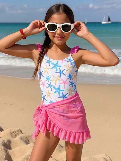 Maillot de bain + jupe portefeuille en maille pour préadolescentes, avec imprimé étoile de mer adorable, avec bretelles et bordure à volants, convient pour la natation, les vacances et les sorties à la plage d'été