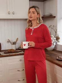 SHEIN Doze Lane Contrast Plaid Open Front Long Sleeve & Pants Women Pajama Set - Red - View 1