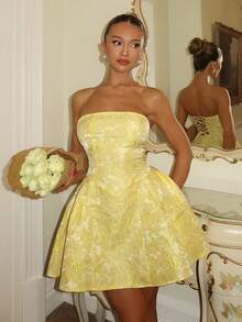 Glamine Women's Sleeveless Dress With Romantic 3D Embossed Floral Pattern - Yellow - View 3