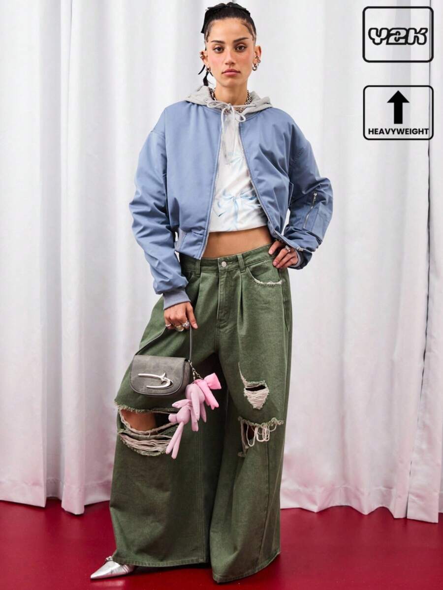 COUREZ Chaqueta con capucha azul oversize/Tops lindos Y2K para salir, volver a la escuela, chaqueta primaveral para mujeres - Neblina azul - Ver 1