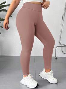 SHEIN EZwear 大码纯色高腰休闲打底裤 - 卡其色 - 查看 4