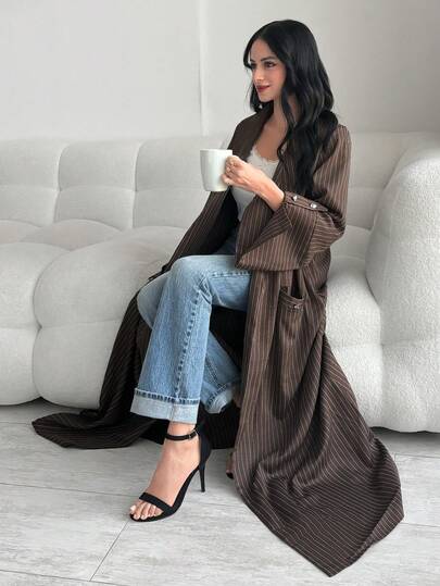 Veilorie 女士条纹长袖口袋设计宽松阿拉伯长袍