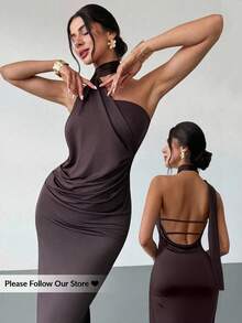 Firerie Đầm nữ màu nâu mocha cổ yếm bất đối xứng thắt eo, đầm dài thiết kế thắt eo thời trang, đầm thường ngày mùa xuân/hè, đầm thiết kế nhún eo, thích hợp cho đi làm, thanh lịch, gợi cảm, đi nghỉ mát, đi biển, phong cách bohemian, Hawaii, lễ hội âm nhạc, tiệc tùng, công sở. - Cà phê nâu - Xem 2