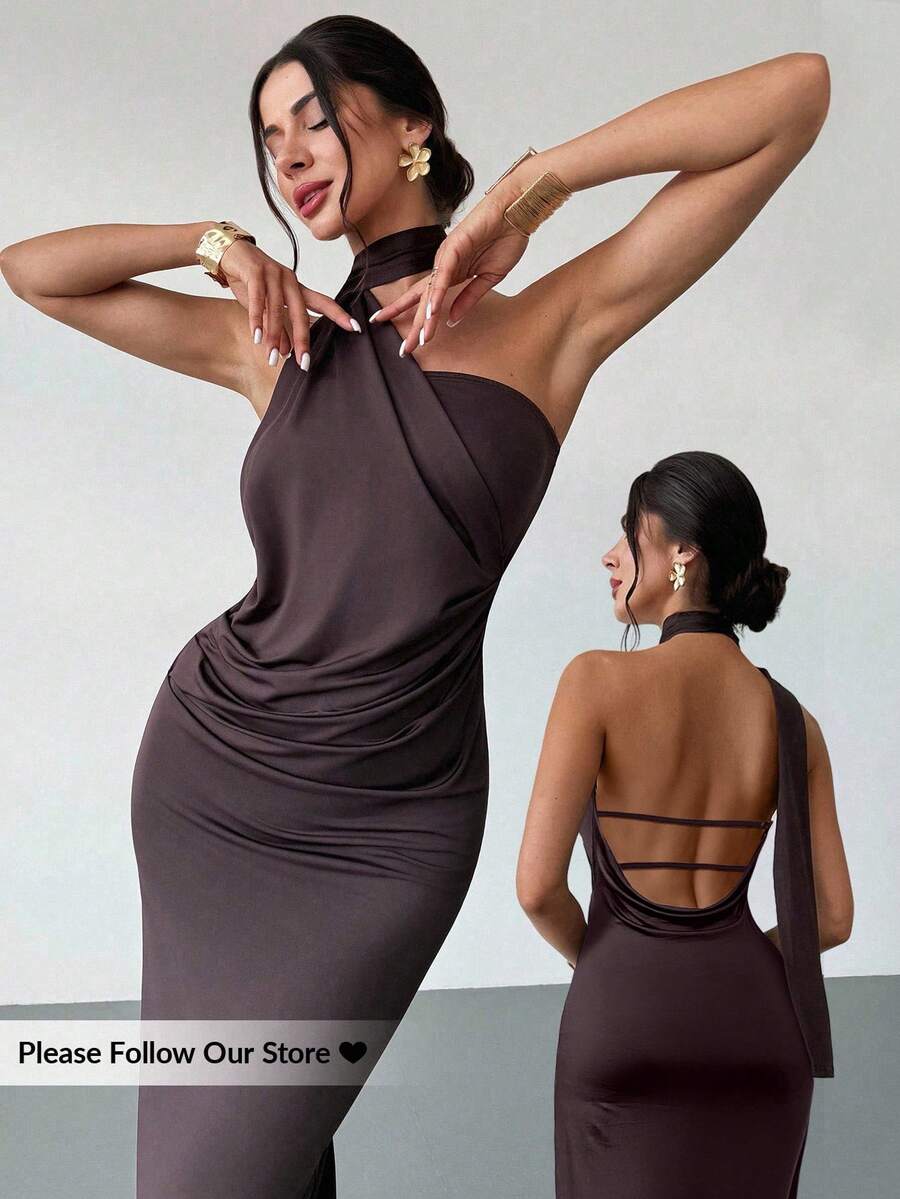 Firerie Đầm nữ màu nâu mocha cổ yếm bất đối xứng thắt eo, đầm dài thiết kế thắt eo thời trang, đầm thường ngày mùa xuân/hè, đầm thiết kế nhún eo, thích hợp cho đi làm, thanh lịch, gợi cảm, đi nghỉ mát, đi biển, phong cách bohemian, Hawaii, lễ hội âm nhạc, tiệc tùng, công sở.