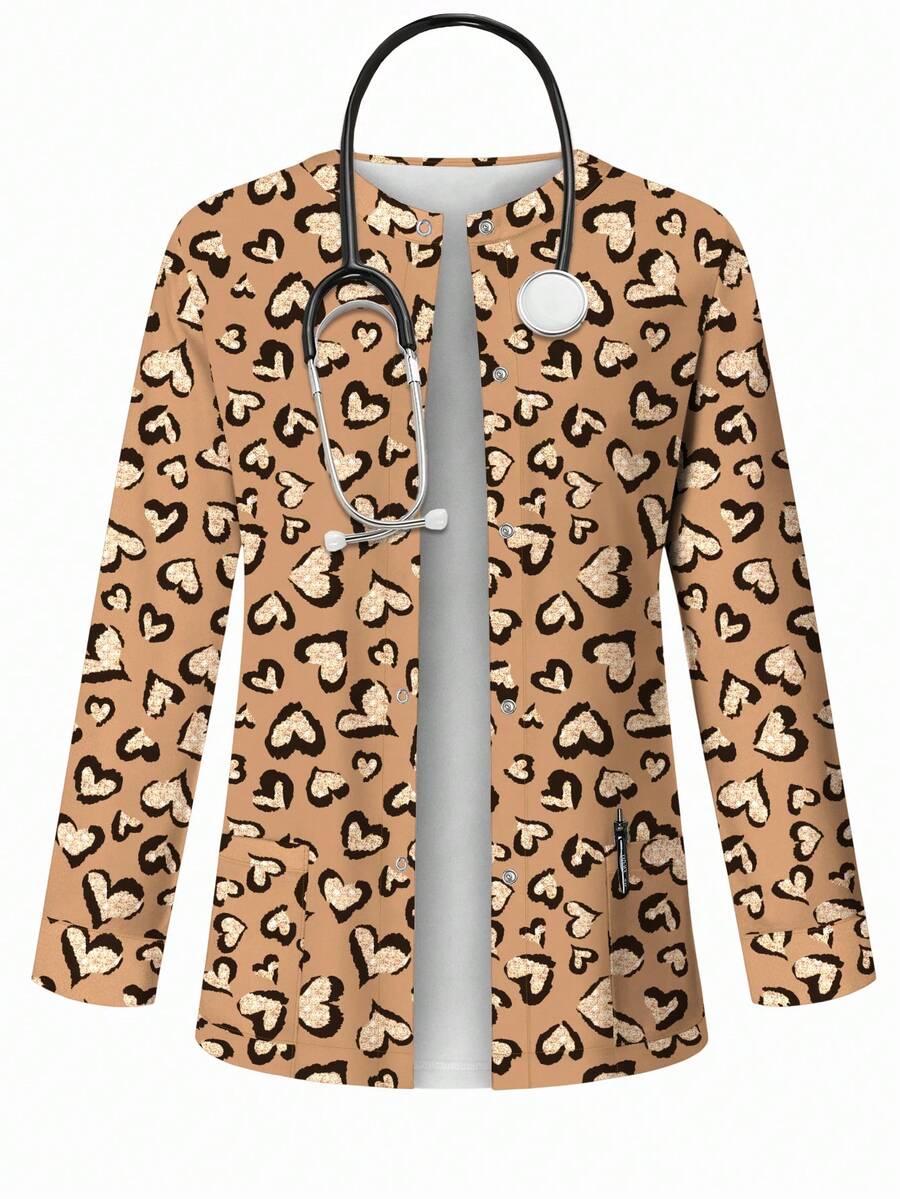 PopScrub 女士休闲爱心印花开衫外套，适合搭配护士服，春夏款